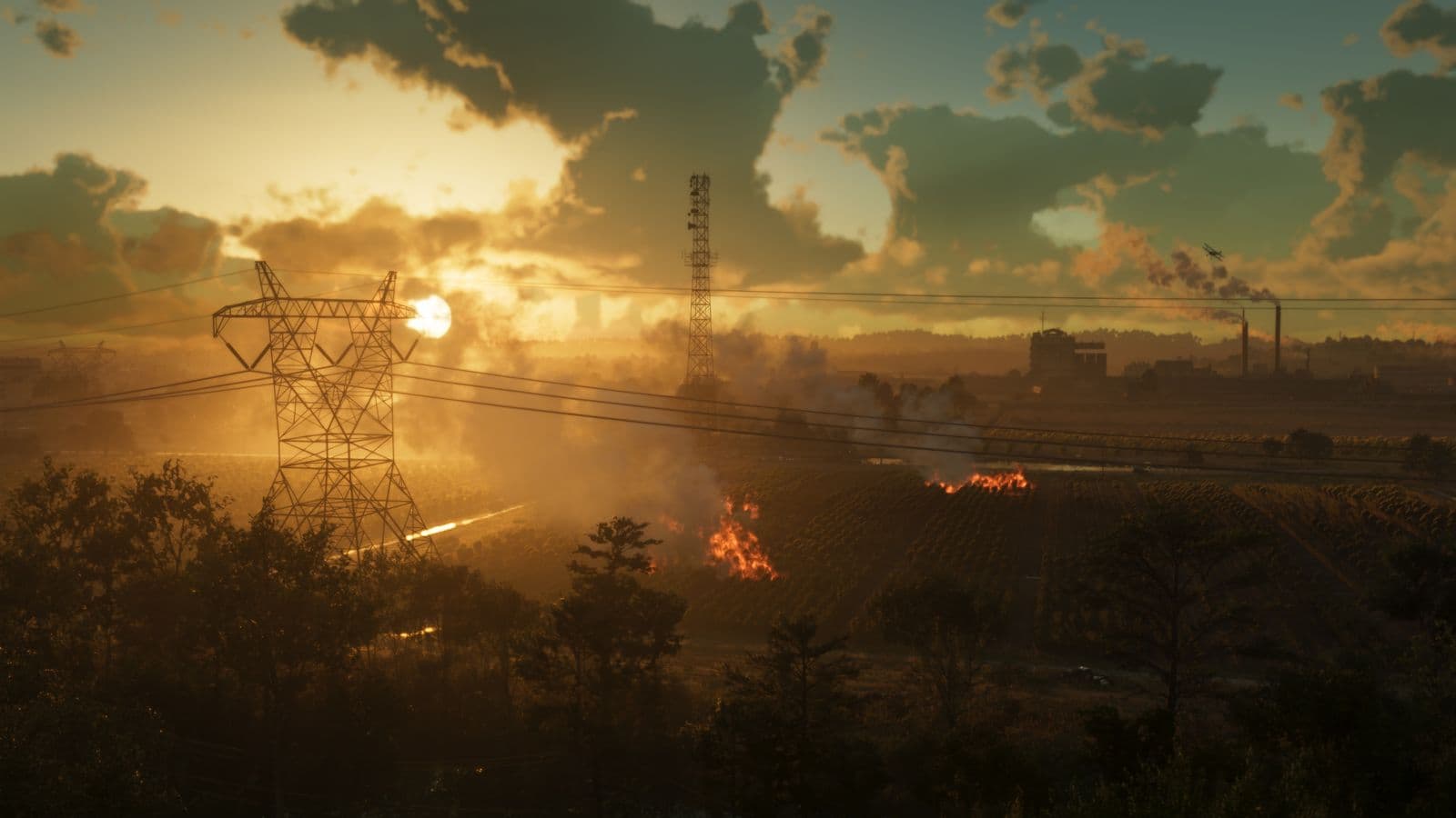 A field of crops burning under power lines at sunset in Ambrosia