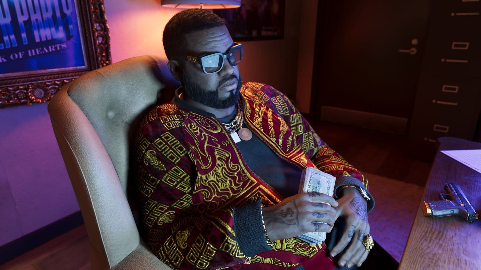 Boobie Ike leaning back in a leather office chair holding a stack of cash