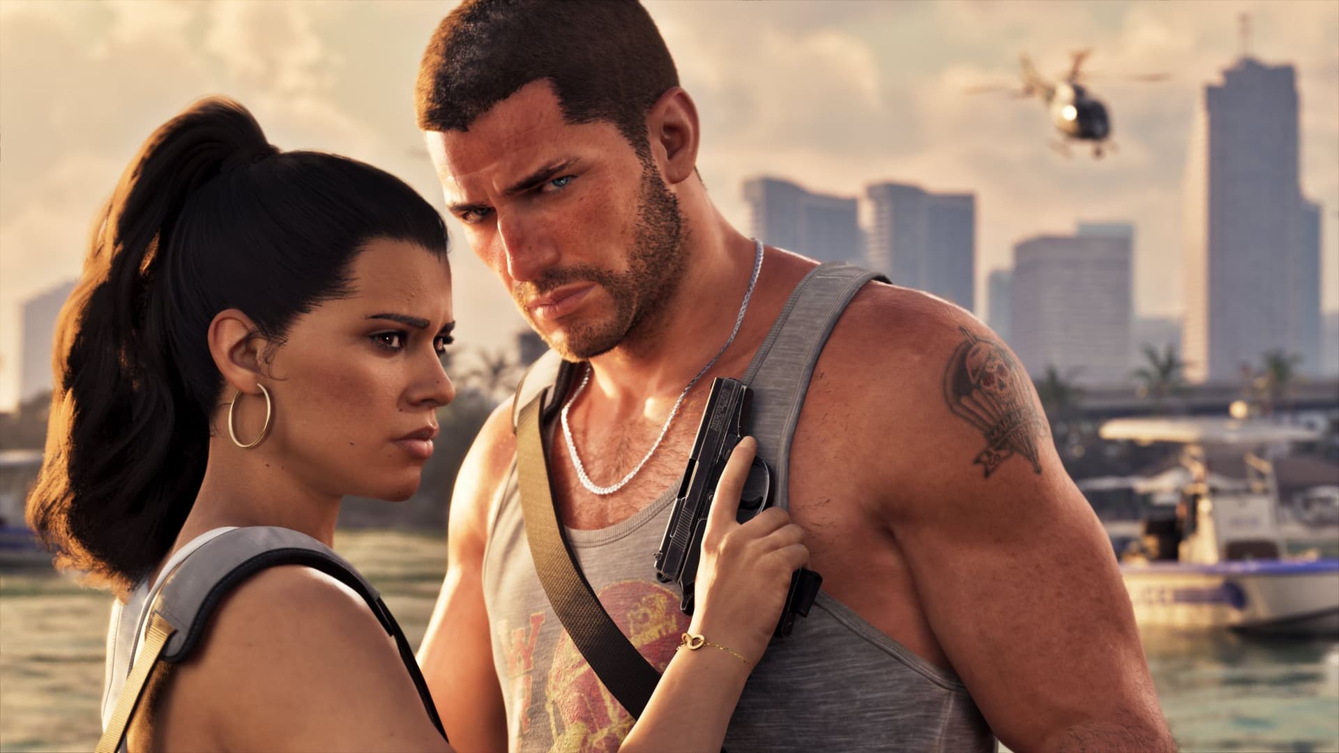 Jason and Lucia standing on the Vice City waterfront, the downtown skyline and a helicopter behind them