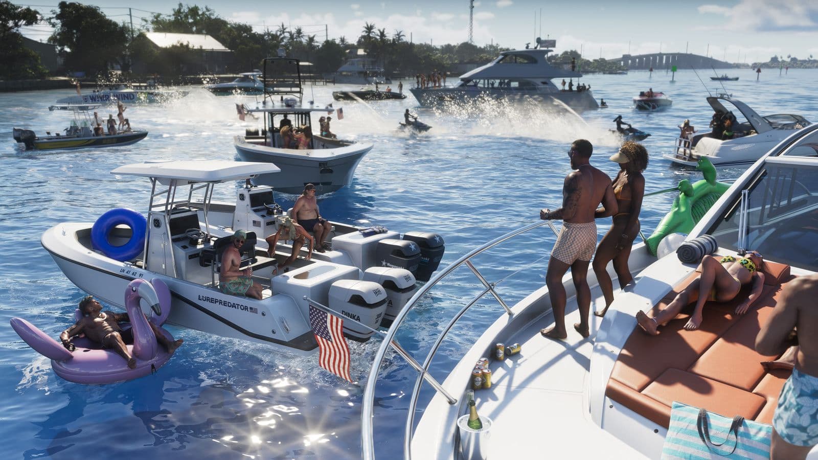 A crowd of boats and partygoers on the water in the Leonida Keys