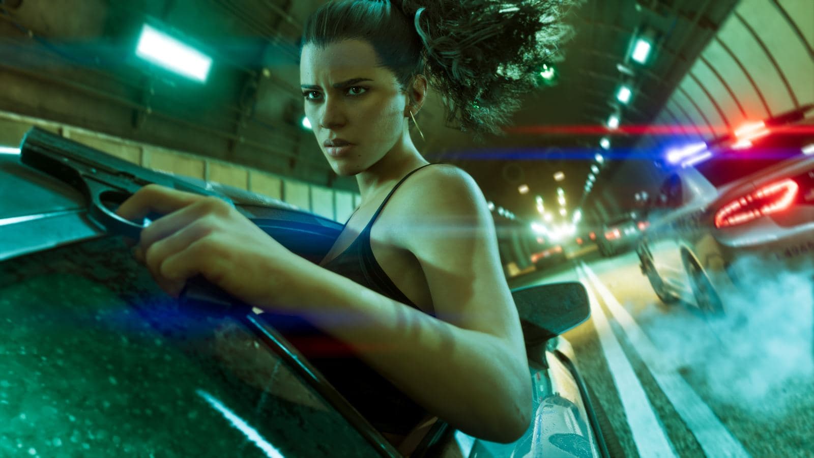 Lucia Caminos aiming a pistol from a car window as police cars chase her through a tunnel