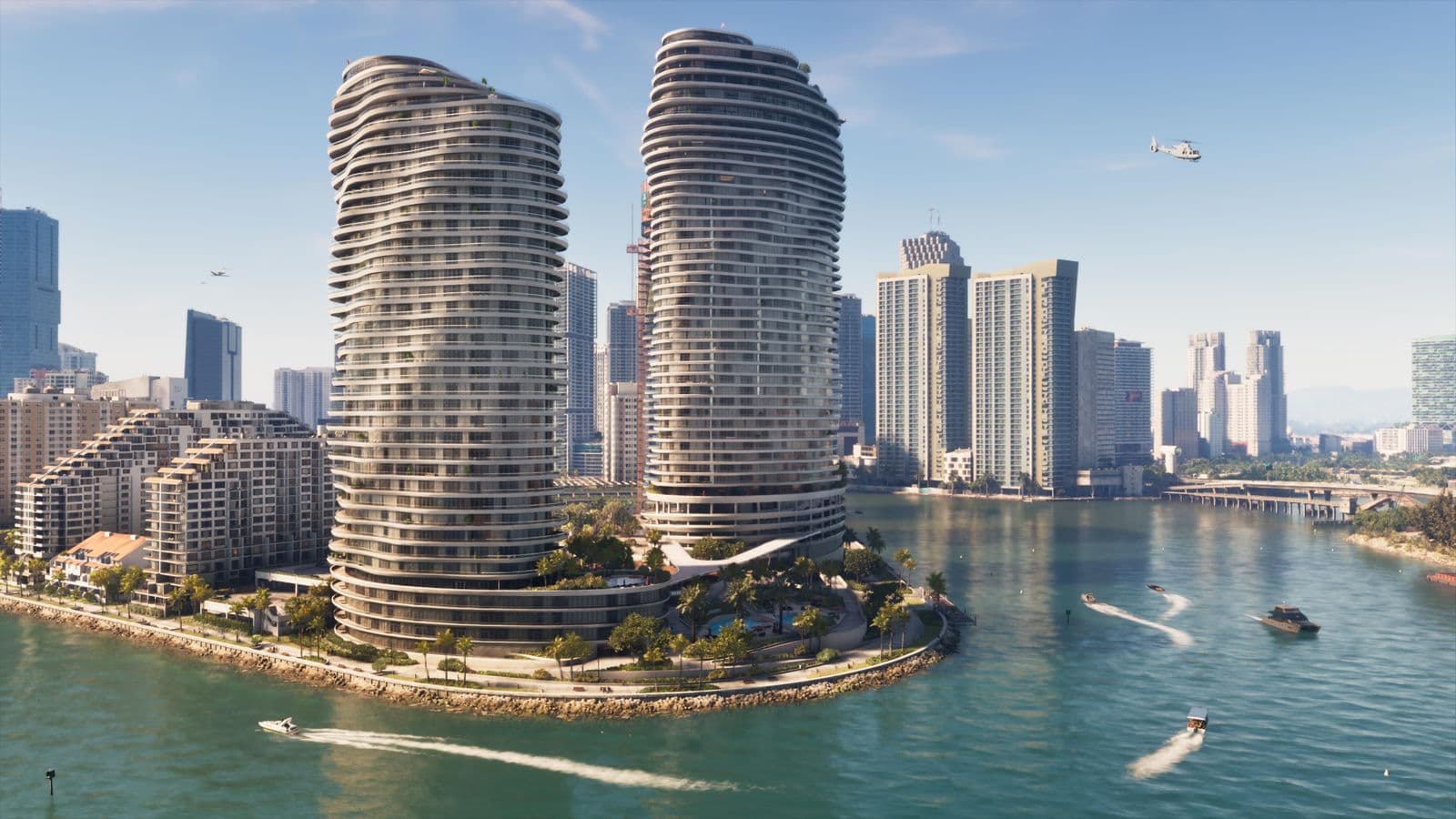 Two curved residential towers on the Vice City waterfront, with boats crossing the bay and the skyline behind