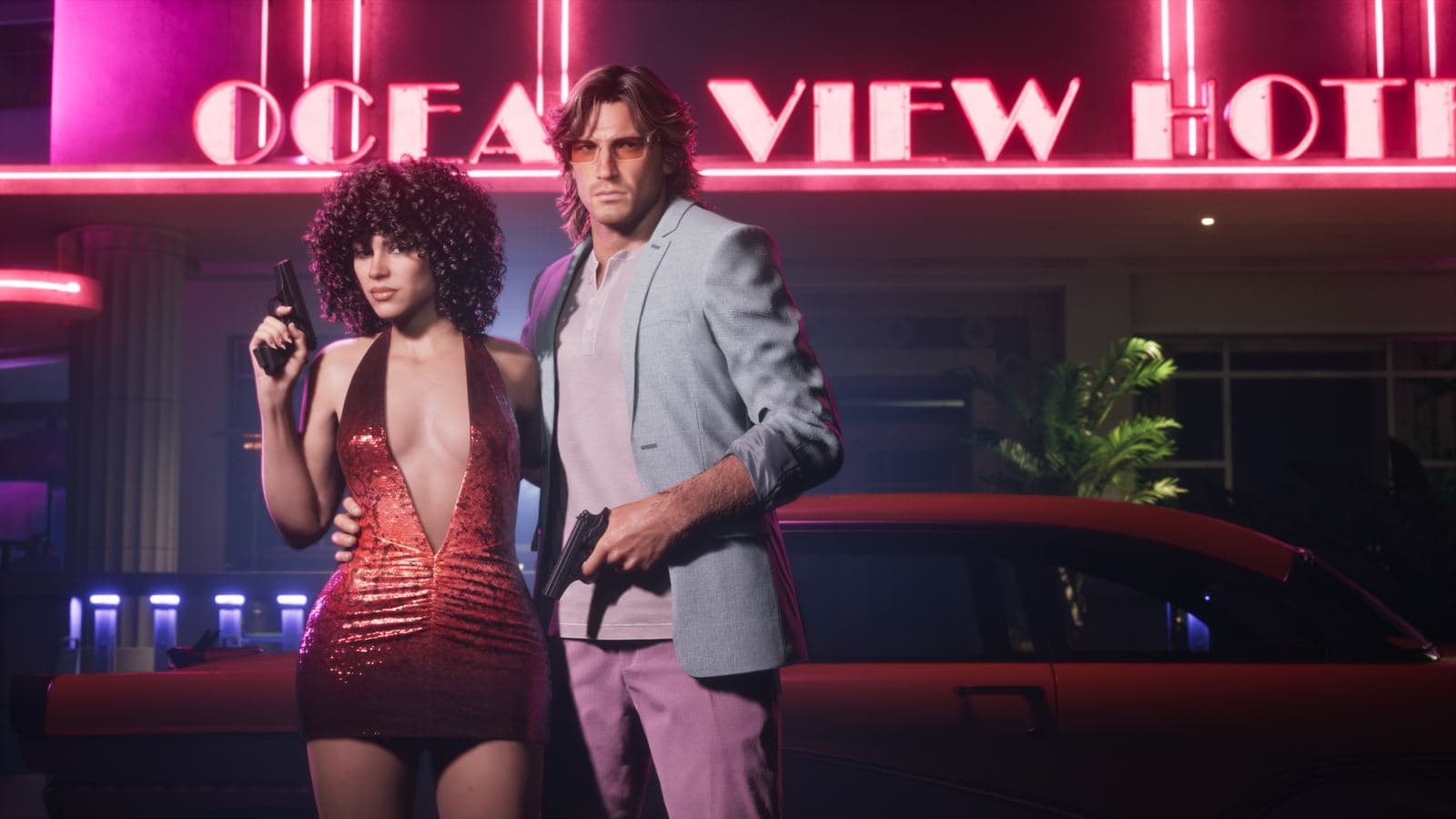 Jason and Lucia in Vintage Vice City Pack looks, holding pistols outside the neon Ocean View Hotel